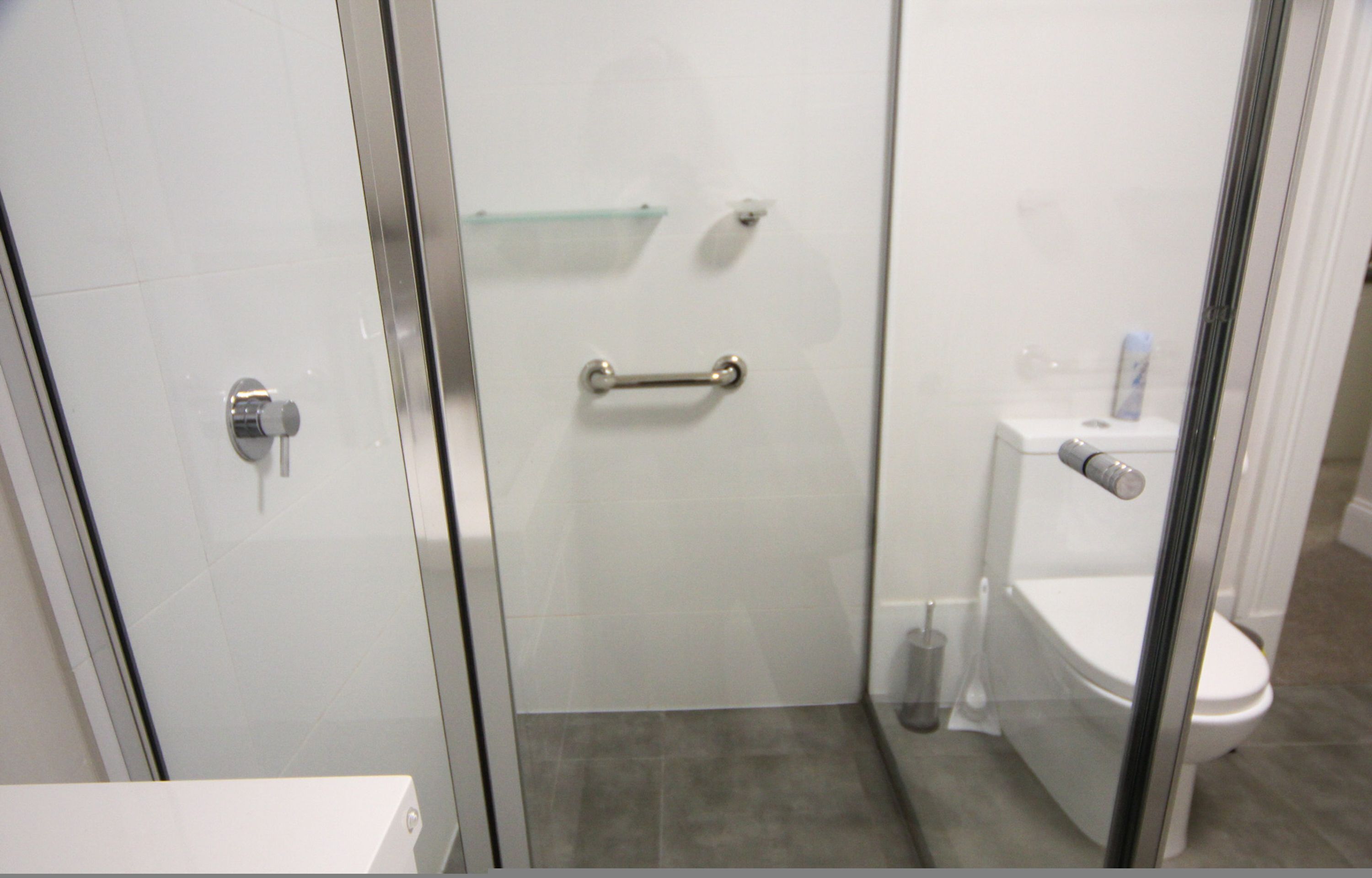 A modern bathroom with a glass shower enclosure, a toilet, and a handrail.