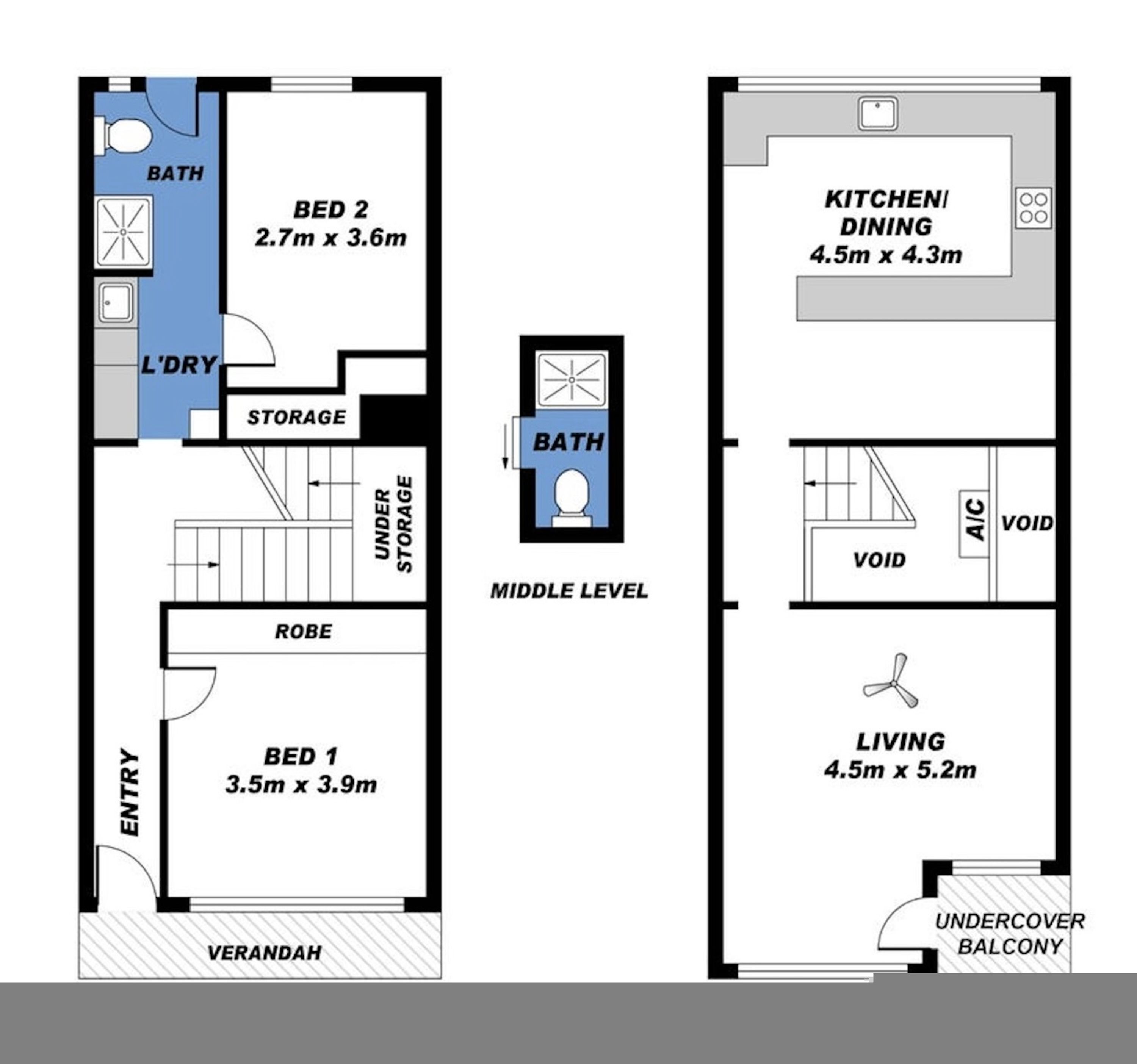 Grundriss einer 2-Zimmer-Wohnung mit Balkon, inklusive Wohnzimmer, zwei Schlafzimmern, Badezimmer, Küche und Essbereich.