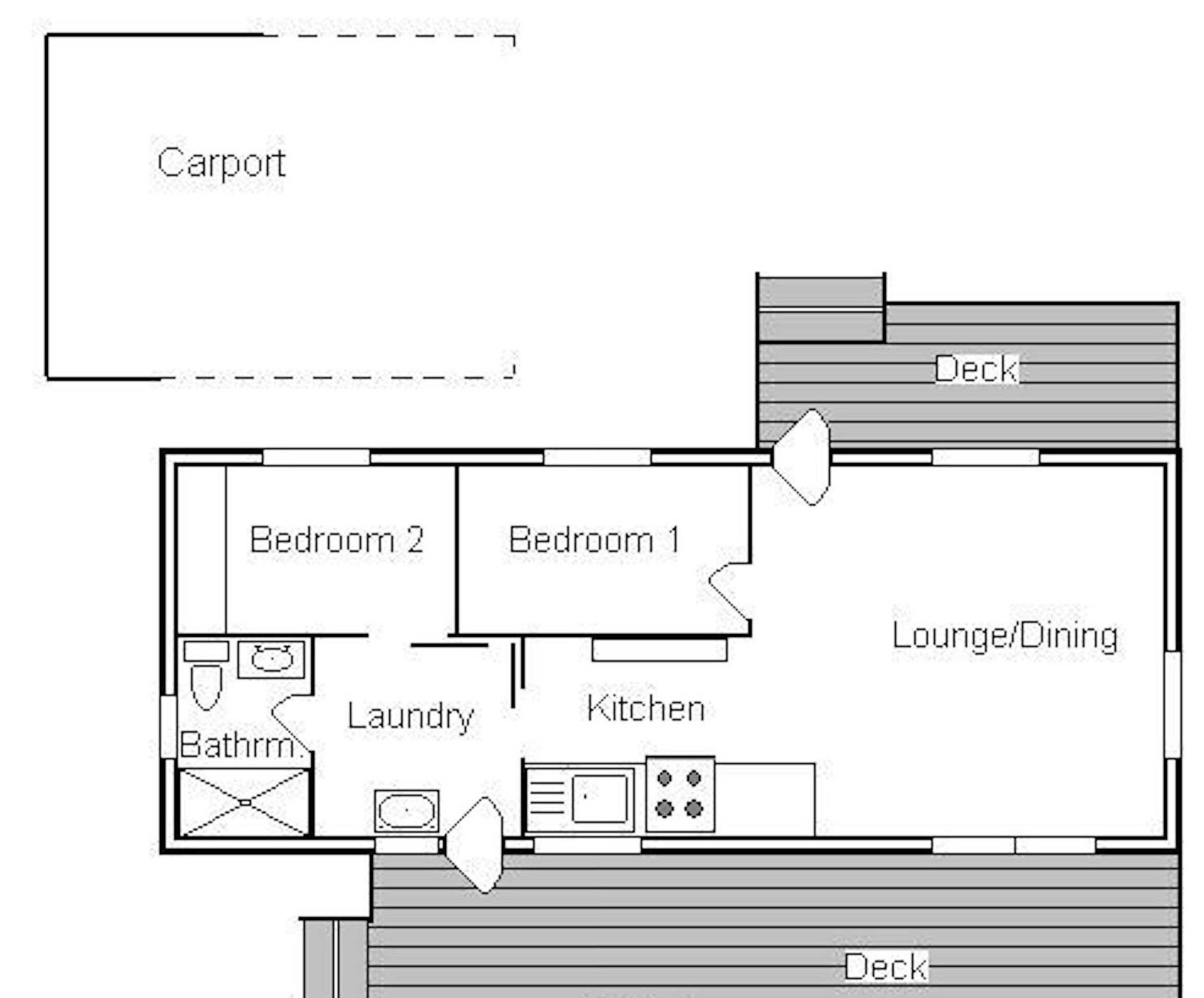 A floor plan with two bedrooms, a kitchen, a laundry area, a bathroom, a lounge/dining area, and a carport.