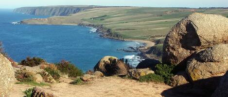 A coastal landscape with rocky terrain and a view of the ocean.