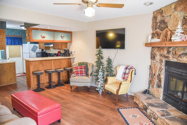 TV, fireplace