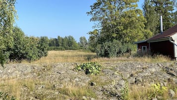 A rural landscape with a small red building, a rocky foreground, and a field in the background.