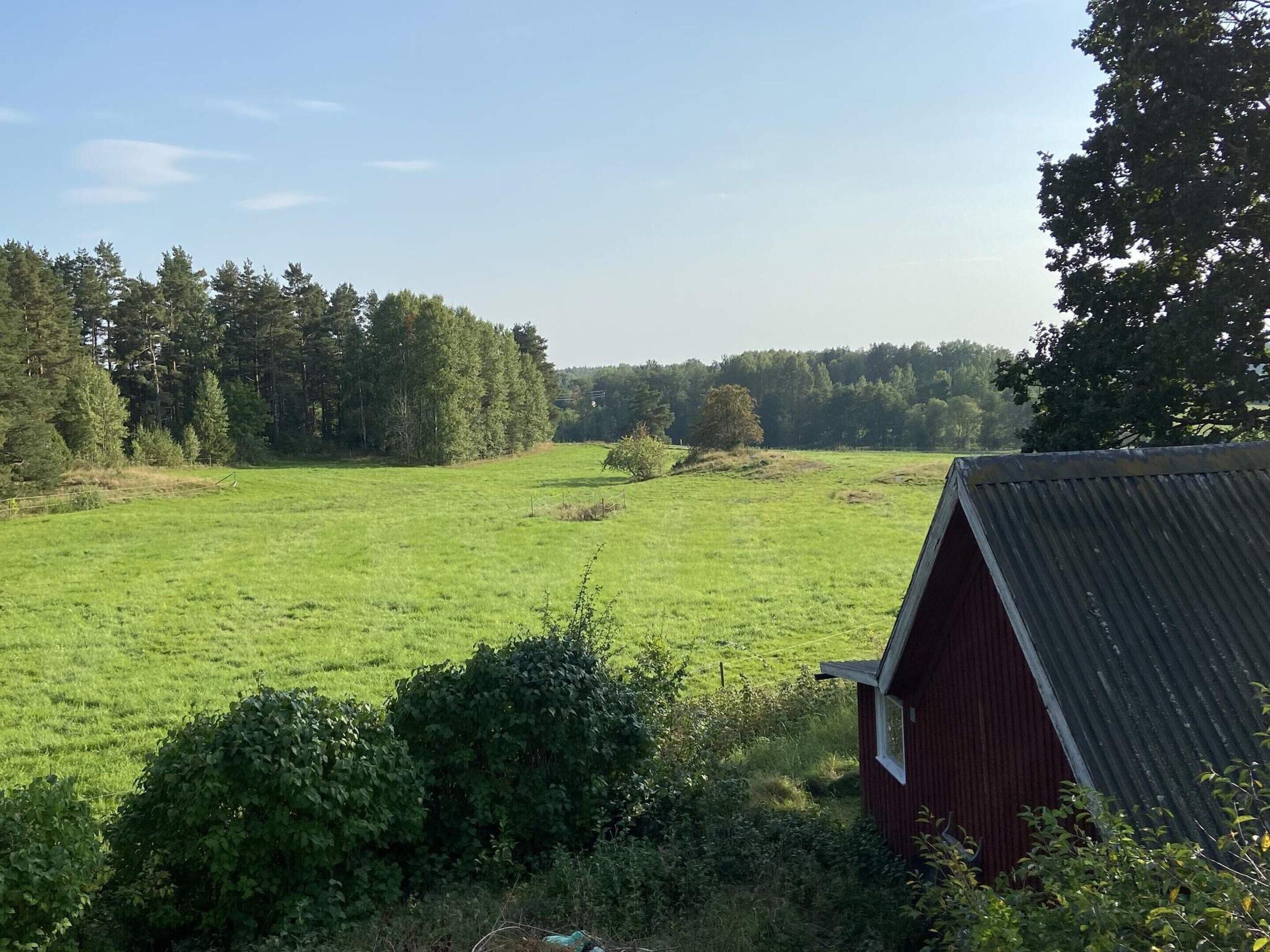 A rural landscape with a red barn and a green field.