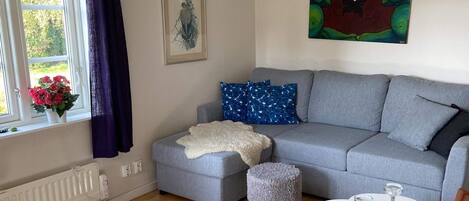 A living room with a grey sofa, a white coffee table, and a window with curtains.