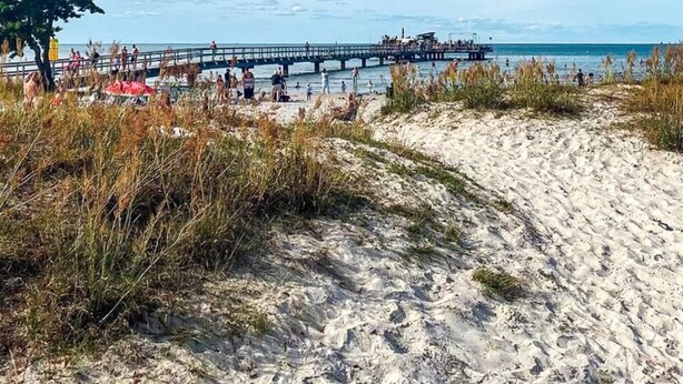Una spiaggia con un molo che si protende nell'acqua, dune sabbiose e cielo sereno.