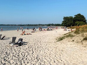 Uma praia arenosa com espreguiçadeiras e guarda-sóis, céu claro e uma linha de árvores ao fundo.