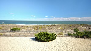 A sandy beach with a wooden fence and green shrubbery. - Charming 2 bedroom direct oceanfront townhouse in family friendly midtown. (Ocean City)