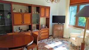 Een kamer met een houten kast, een televisie, een eettafel met stoelen en een kamerbreed tapijt.