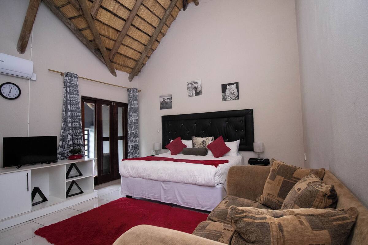 A bedroom with a bed, a TV, a red rug, and a couch.