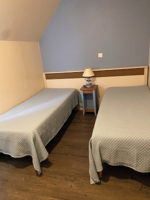 Une chambre avec deux lits simples, une table de chevet avec une lampe et un plancher en bois.