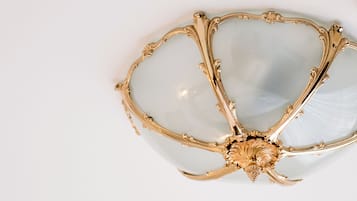 A gold-framed, ornate ceiling light fixture.