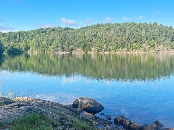 A calm lake with a forested shoreline and a rocky foreground.