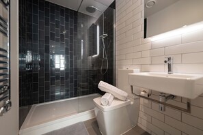A modern bathroom with a glass-enclosed shower, a white toilet, and a sink with a mirror.