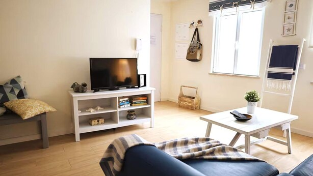 Een woonkamer met een bank, een televisie op een meubel, een kleintje tafeltje met een plant, en een raam met gordijnen.