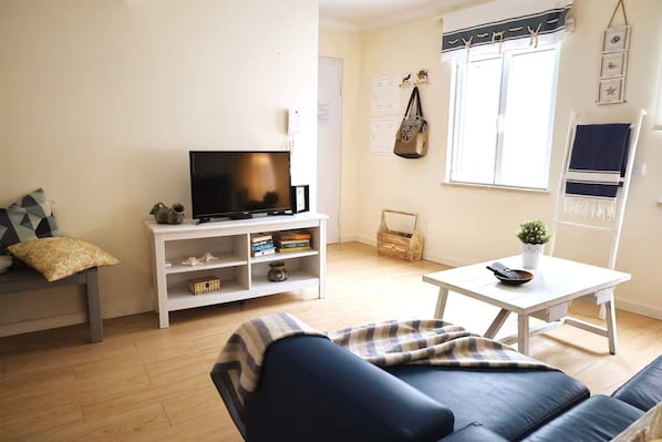 A living room with a sofa, a television on a stand, a small table with a plant, and a window with curtains.