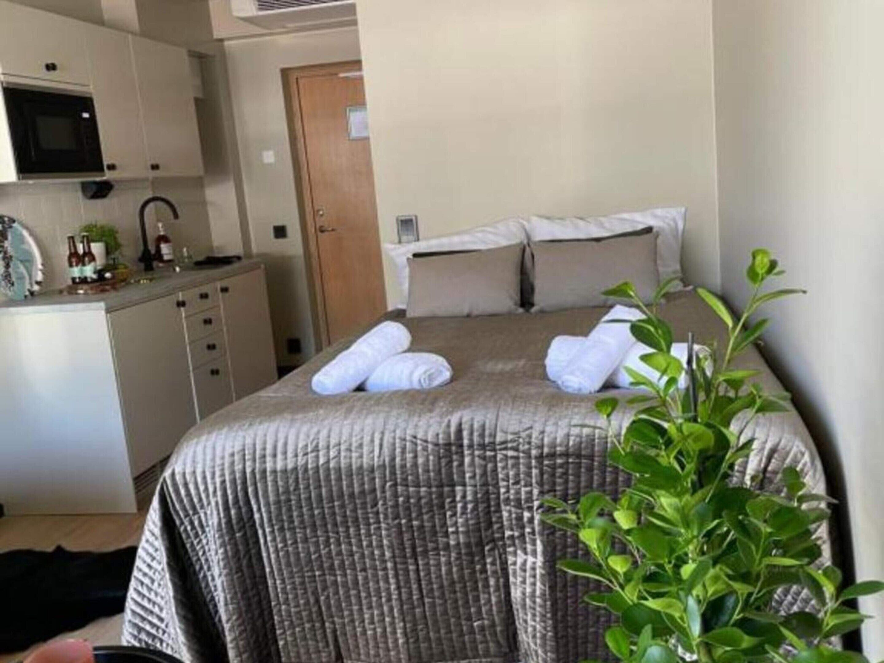 A hotel room with a bed, a small kitchenette, and a potted plant.