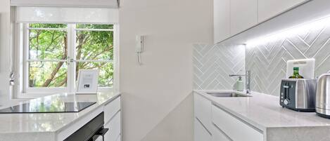 Fridge, microwave, oven, stovetop