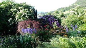 A lush garden with a variety of flowers and greenery, a rock formation, and a distant view of a valley.