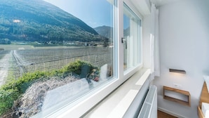 Een moderne kamer met een groot raam met uitzicht op een wijngaard en een berg.