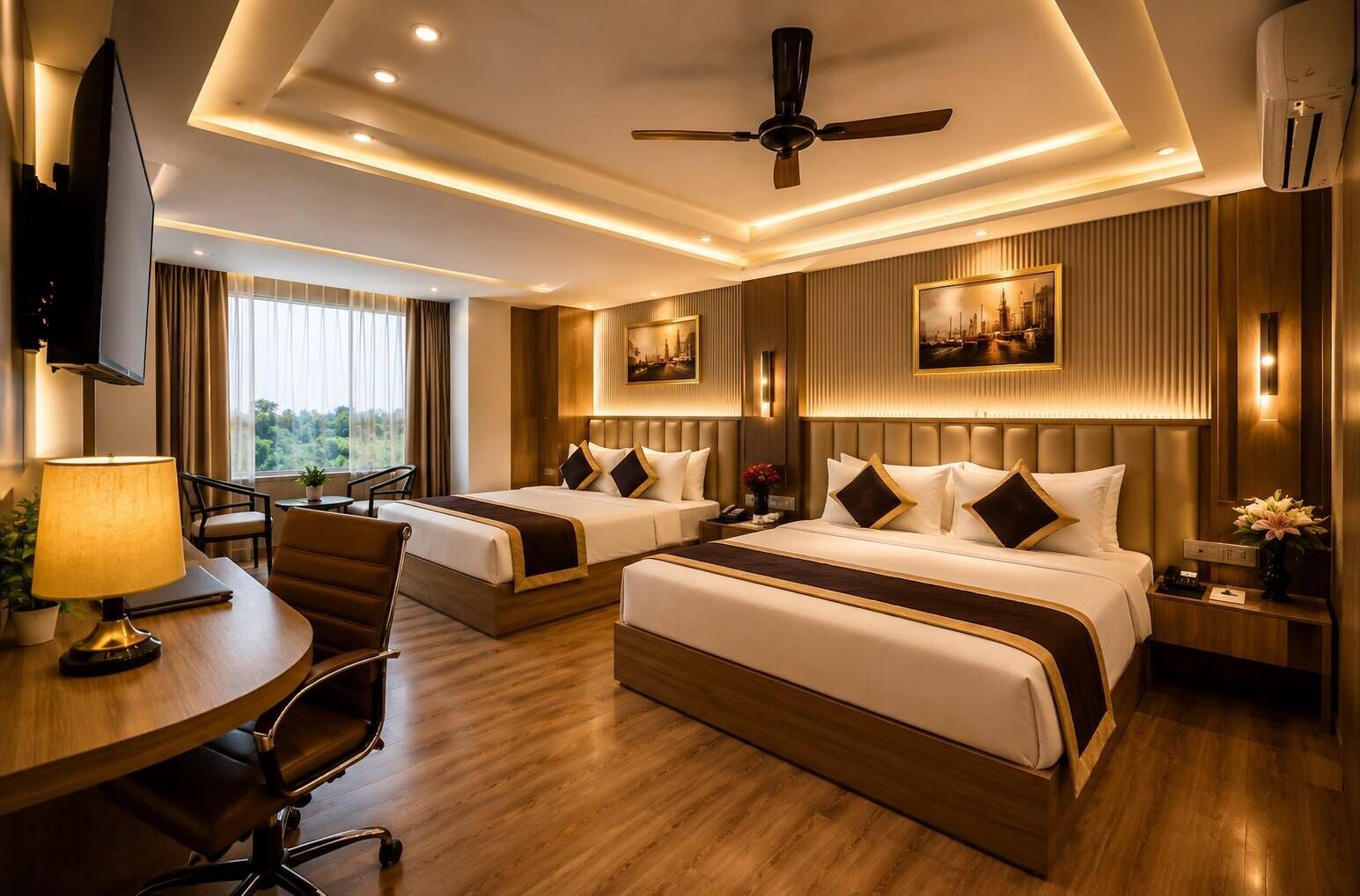 Ein Hotelzimmer mit zwei Betten, einem Schreibtisch, einem Stuhl, einem Fernseher und einem Deckenventilator.