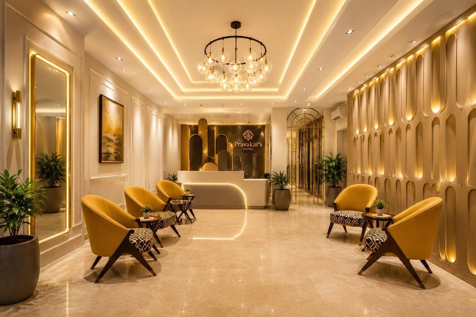 A hotel lobby with a reception desk, seating area with armchairs, and a chandelier.