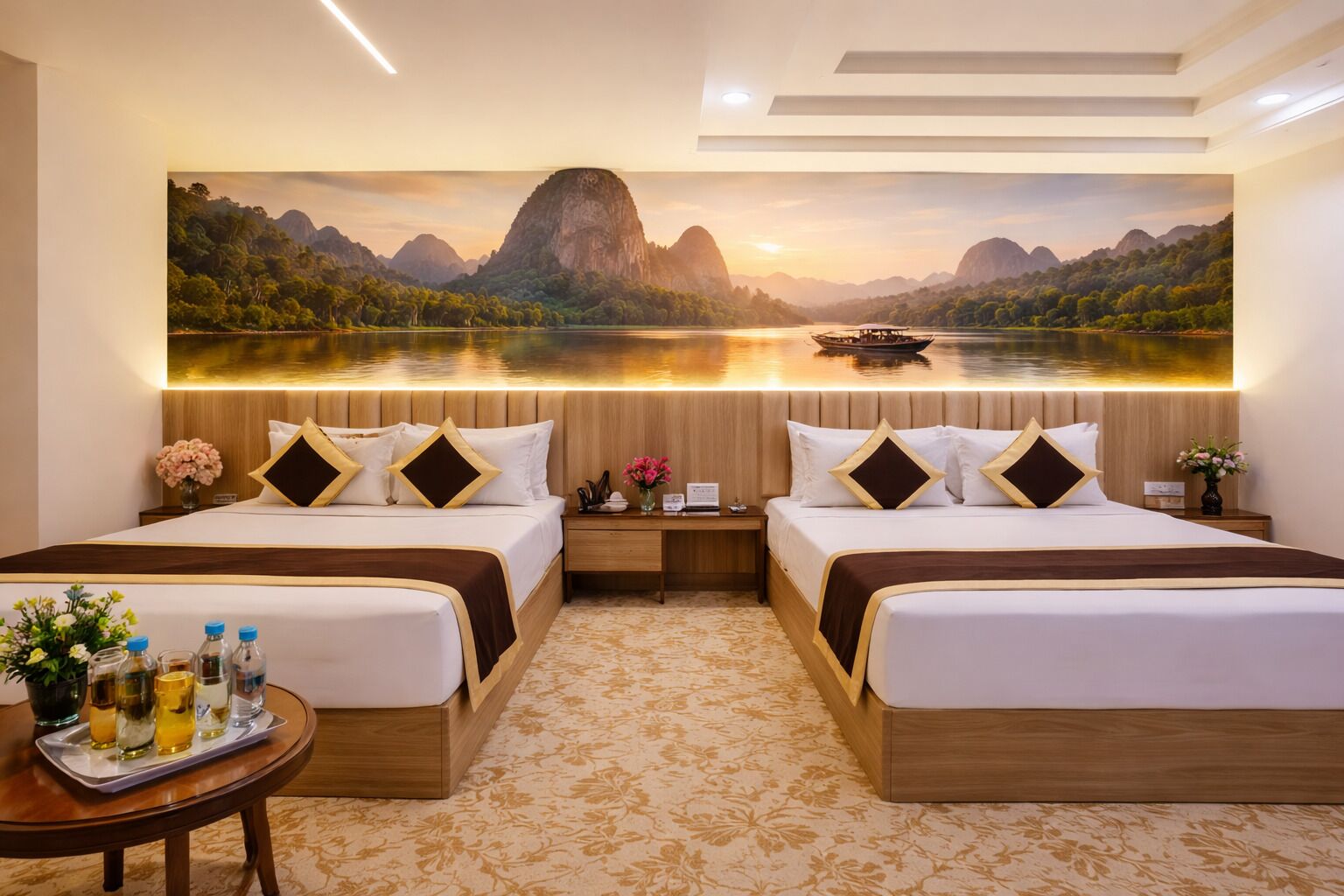 A hotel room with two beds, a large scenic wall mural, a small table with a tray of toiletries, and a nightstand with a vase of flowers.