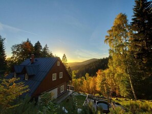 A rustic cabin with a metal roof, surrounded by a forest and a mountain in the background. - Comfortable Villa With Stunning Views (Rokytnice nad Jizerou)