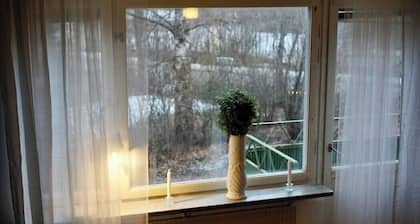 Parkettgolv, hög takhöjd, eldstad, balkong, uteplats BBQ, stor TV, vackert hem