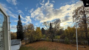 A residential backyard with a grassy lawn, trees, and a white building with a metal roof.