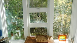 A room with three windows, a wooden table, and a wicker basket. - Bright and cozy private cottage (CS0037) (Wellfleet)