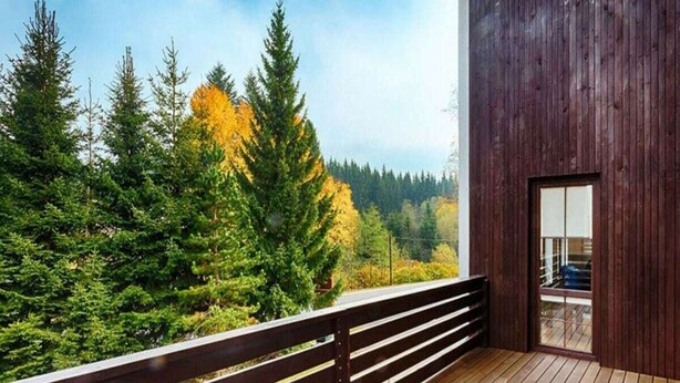 A wooden deck with a railing overlooking a forest with autumn-colored trees. - Spacious Villa With Lush Garden (Harrachov)