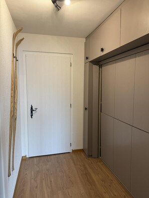 Stylish hallway with a door, adjacent closet and ceiling light.