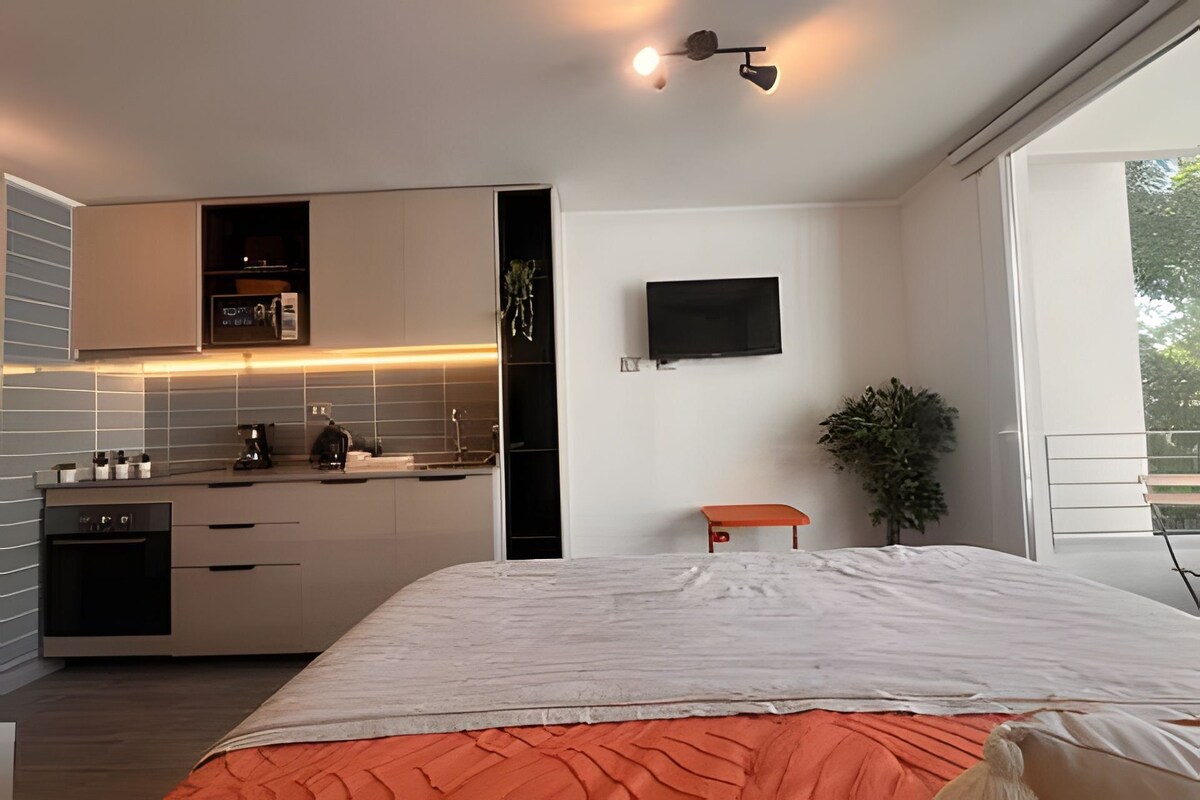 Une chambre d’hôtel moderne dotée d’un coin cuisine, d’un lit avec une couvre-lit orange, d’un téléviseur fixé au mur et d’une plante en pot.