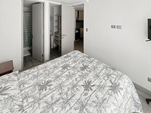 Un dormitorio con cama, armario y baño con ducha.