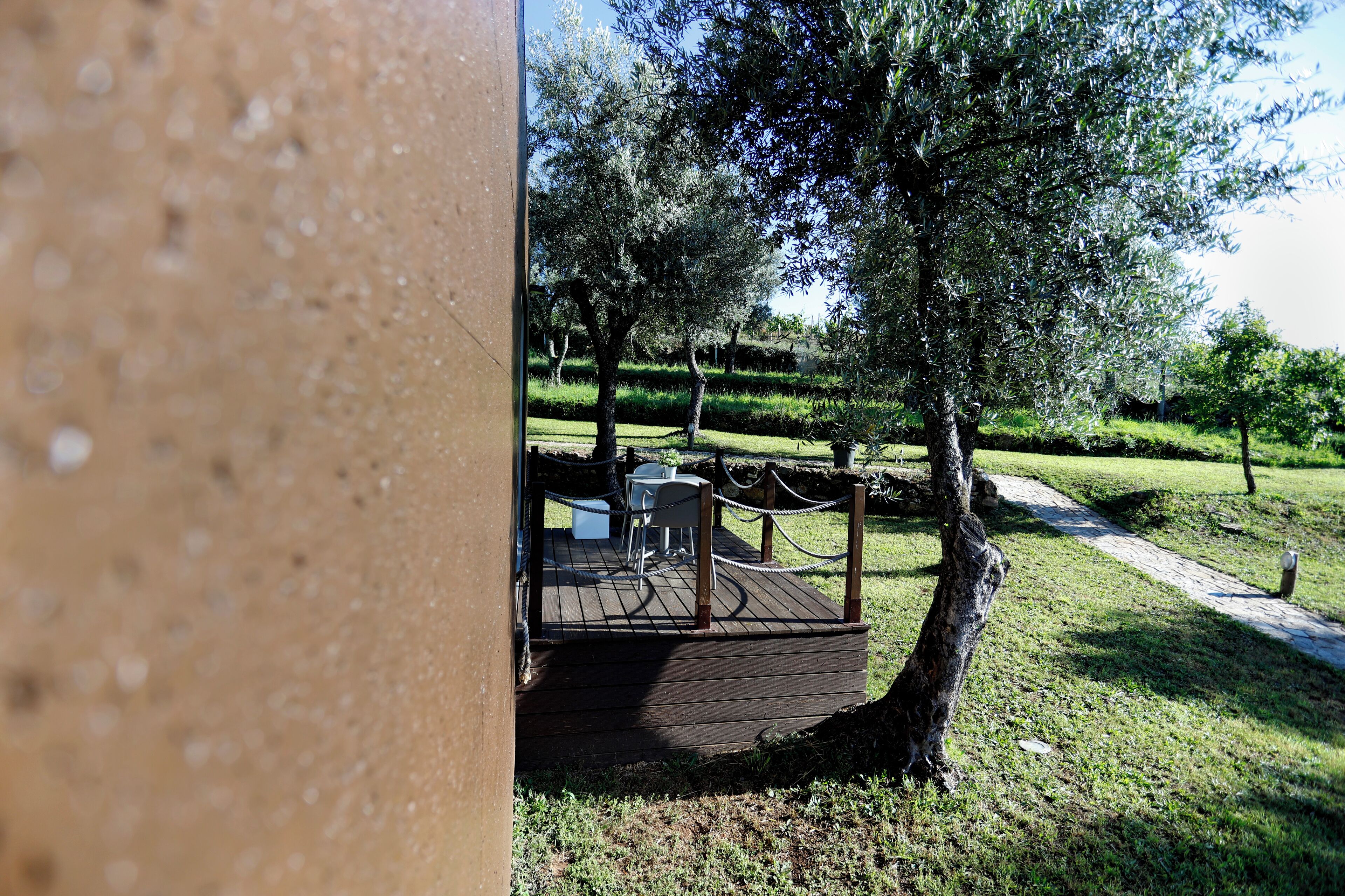 Une terrasse en bois avec des sièges extérieurs, entourée d’arbres et d’une pelouse.