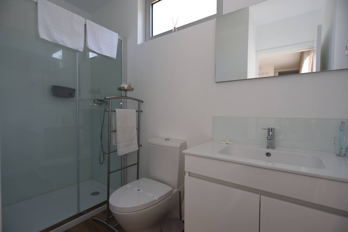 A modern bathroom with a glass shower enclosure, a white toilet, and a sink with a mirror above it.