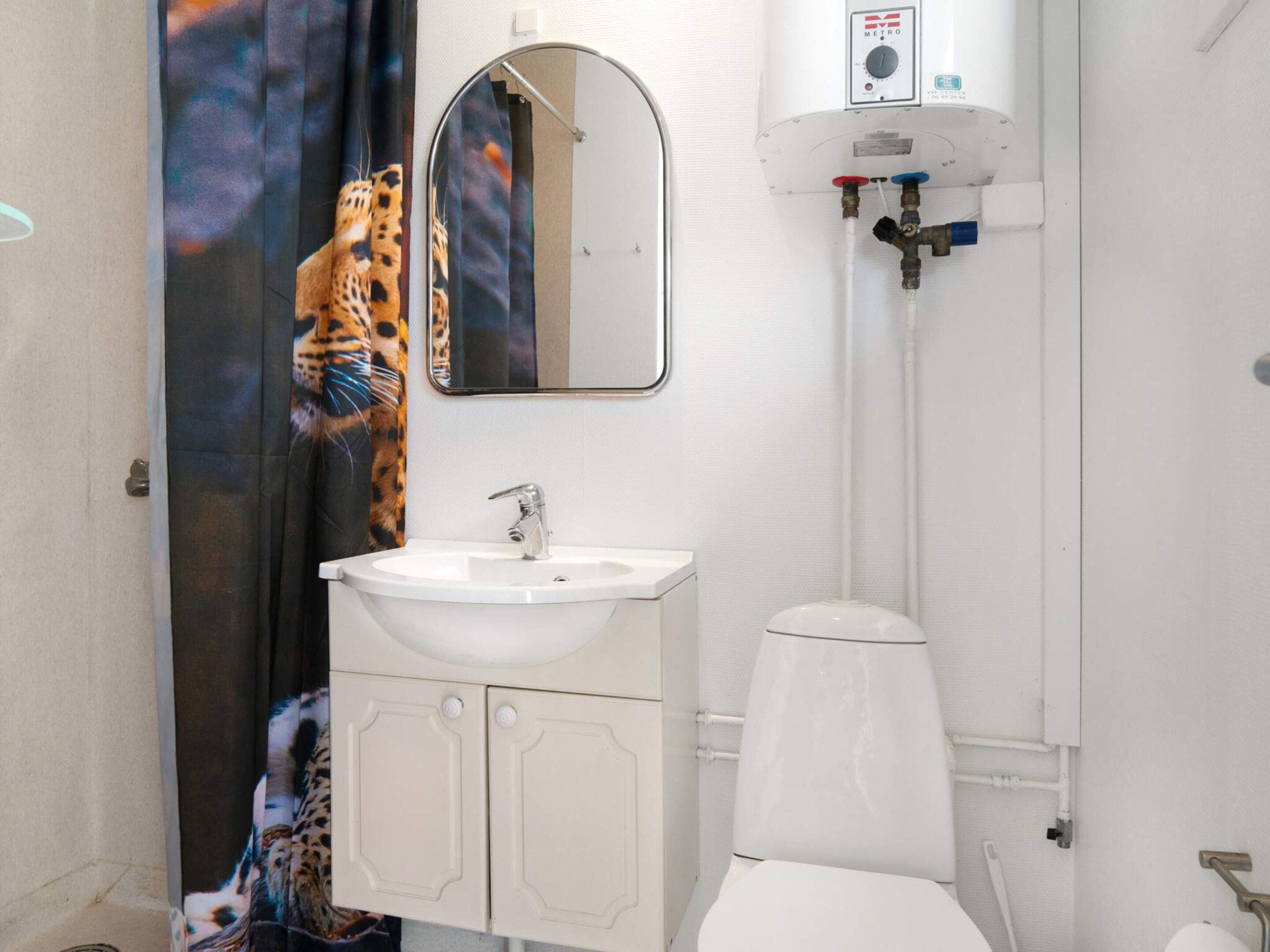 A bathroom with a white sink, a toilet, a mirror, and a shower curtain with a leopard print.