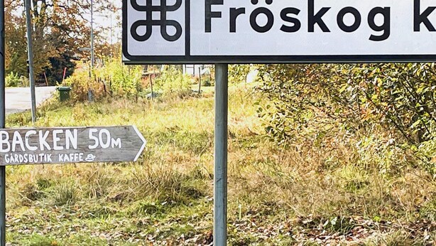 A directional sign with 'Fröskog k' and 'BACKEN 50m' indicating a location and distance.