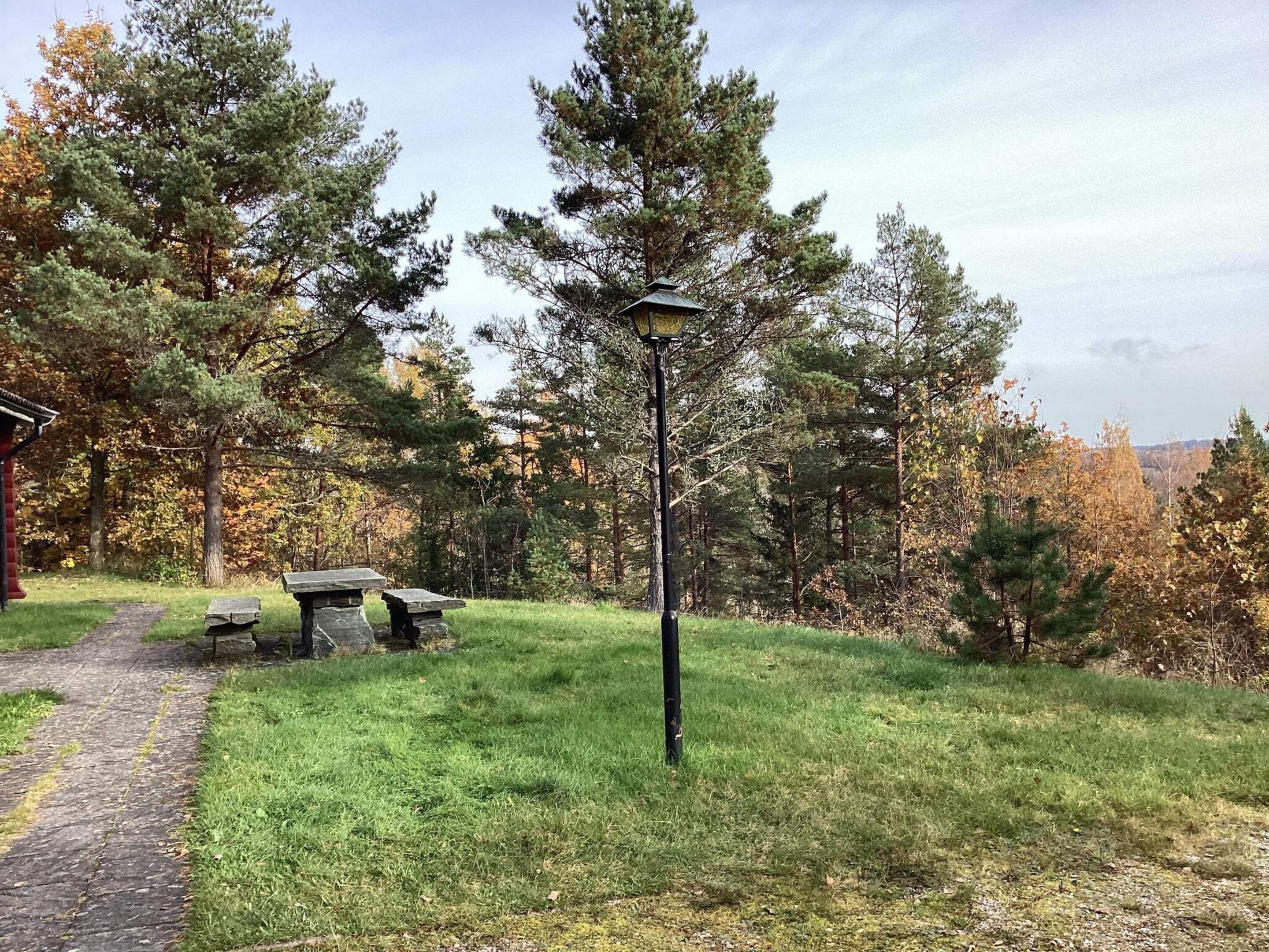 A pathway leading through a grassy area with a stone bench and a lamp post.