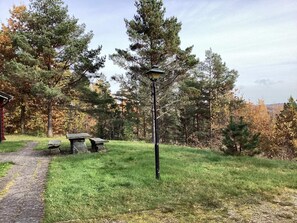A pathway leading through a grassy area with a stone bench and a lamp post. - 4 Star Holiday Home in Fengersfors (Fengersfors)