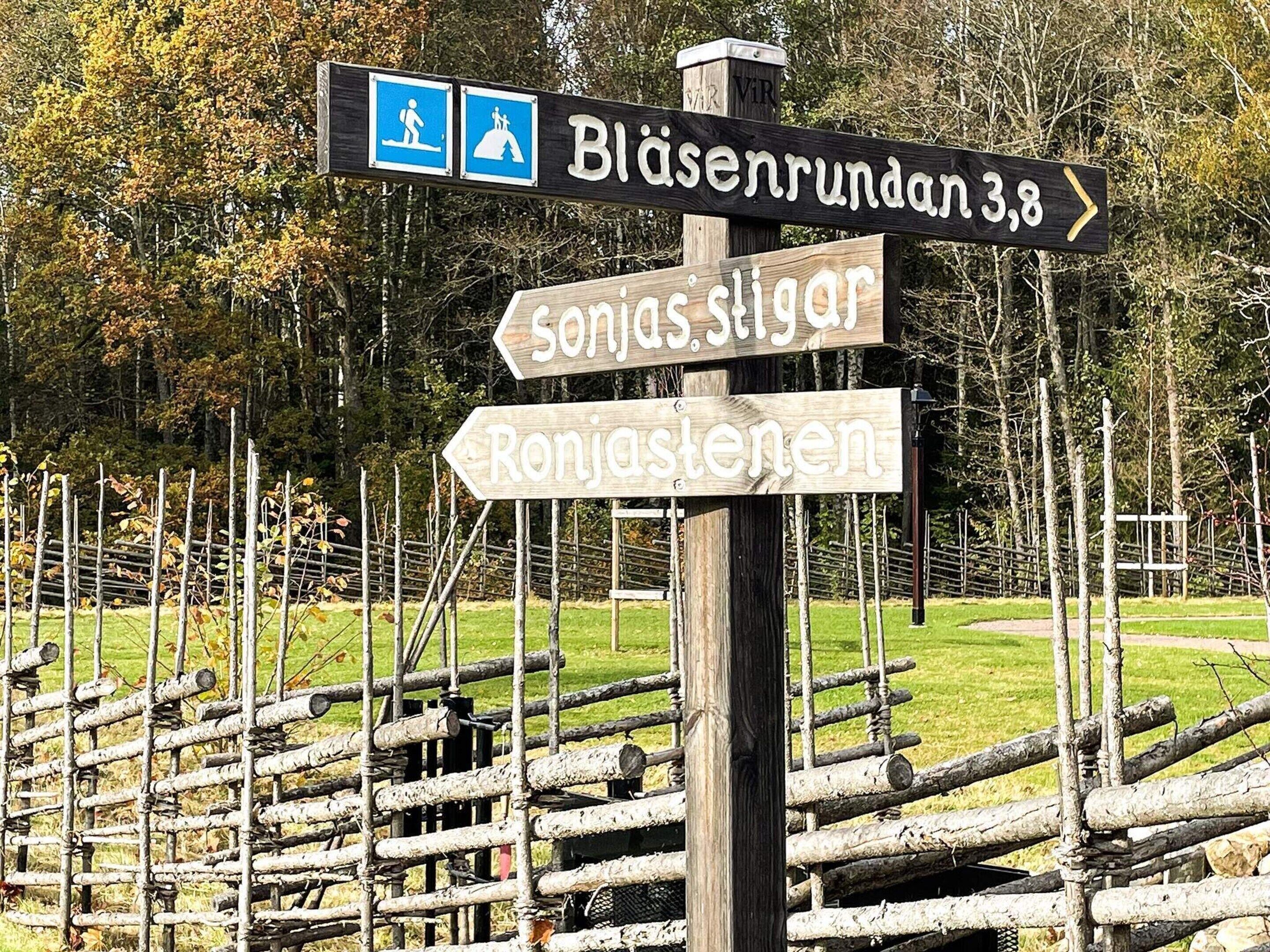 A wooden signpost with directional arrows and symbols indicating hiking trails and distances.