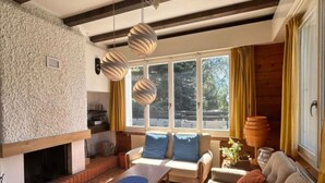 A cozy living room with a fireplace, a sofa, a coffee table, and a large window with curtains. - Chalet in the Heart of Valley With Balcony (Nendaz)
