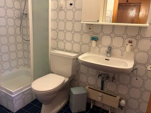 Ein Badezimmer mit Toilette, Waschbecken und Dusche.