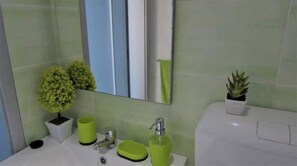 Shower, hair dryer, bidet, towels