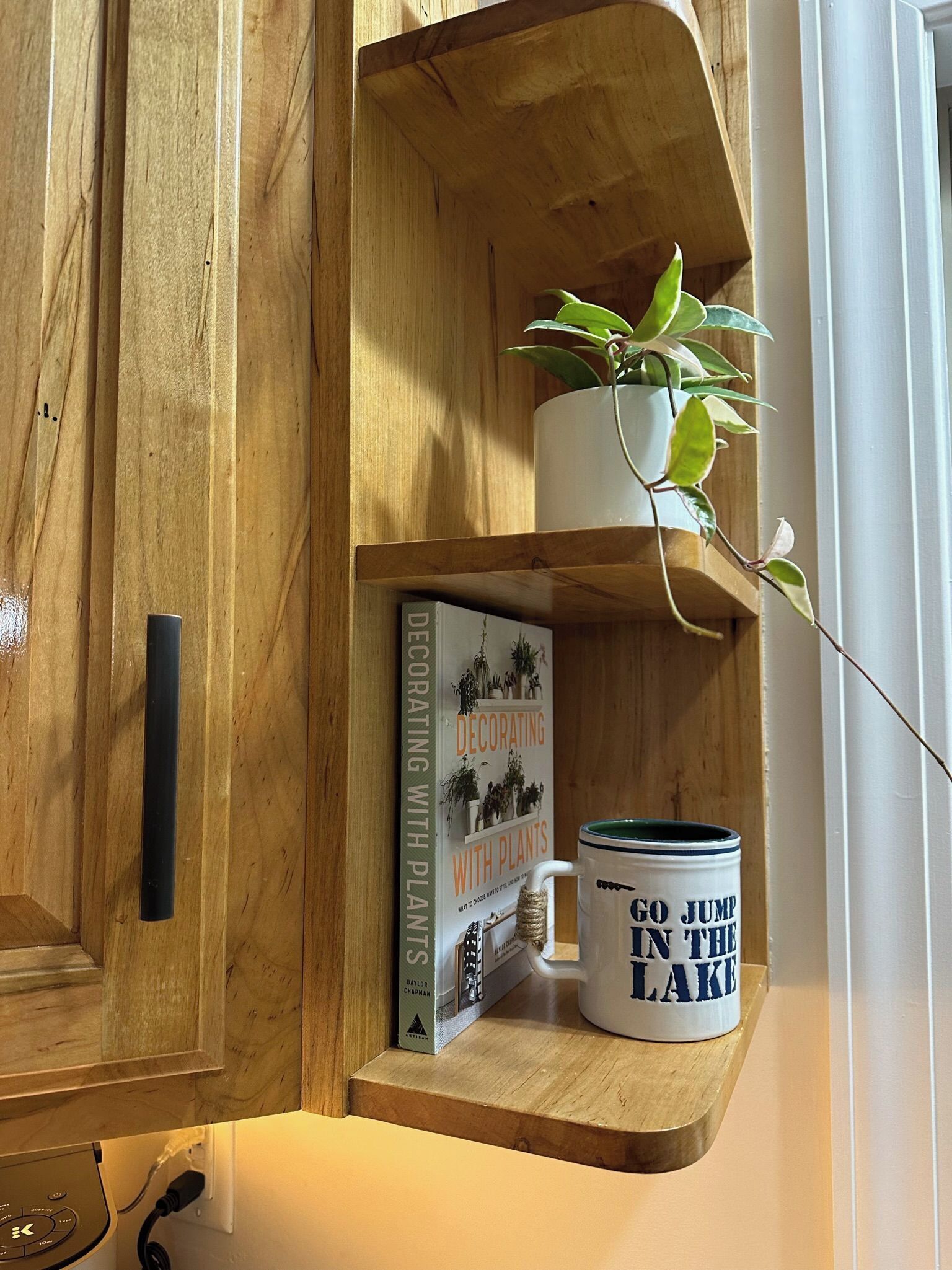 Ein Holzregal mit einem Topfpflanzen, einem Buch mit dem Titel 'Dekorieren mit Pflanzen' und einer Tasse mit Schrift.