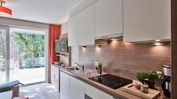 Comfort appartement, balkon, uitzicht op park | Privékeuken | Een koelkast, een microgolfoven, een oven, een kookplaat