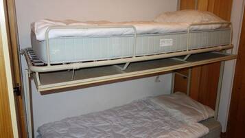 A bunk bed with a lower bunk and a mattress on the floor.