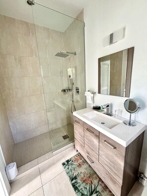 Douche, sèche-cheveux, serviettes fournies, savon