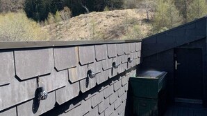 A rooftop with dark shingles and a green storage box.