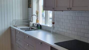 A kitchen with a double sink, a built-in stove, and a window with a view.